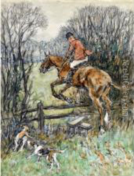 Ahuntsman Taking A Stile Followed By Hounds Charcoal And Oil Painting - George Denholm Armour