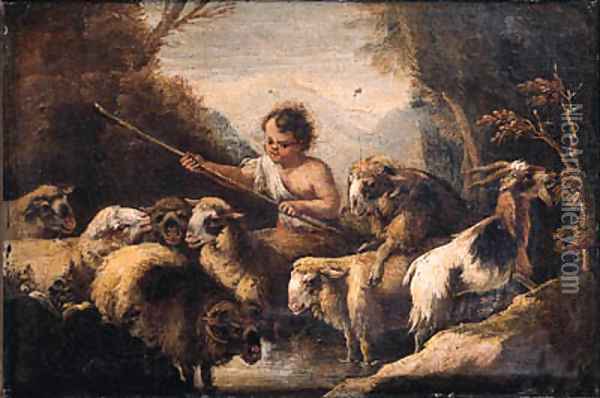 A shepherd boy watering sheep in a mountainous landscape Oil Painting - Giovanni Benedetto Castiglione