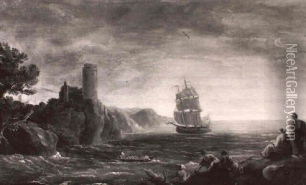 Italienische Kustenlandschaft Mit Einem Segelschiff Und Fischern Oil Painting - Charles Francois Lacroix