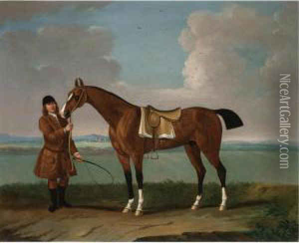 Blaze , Held By A Groom On Newmarket Heath Oil Painting - James Seymour And Thomas Spencer