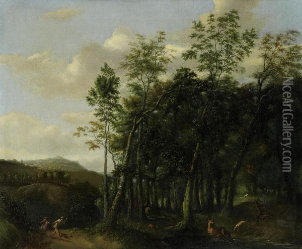 Deer Hunt In Wooded Landscape Oil Painting - Jan Hackaert