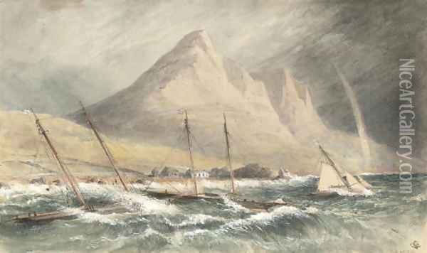 Riding the storm off the Irish coast Oil Painting - English School