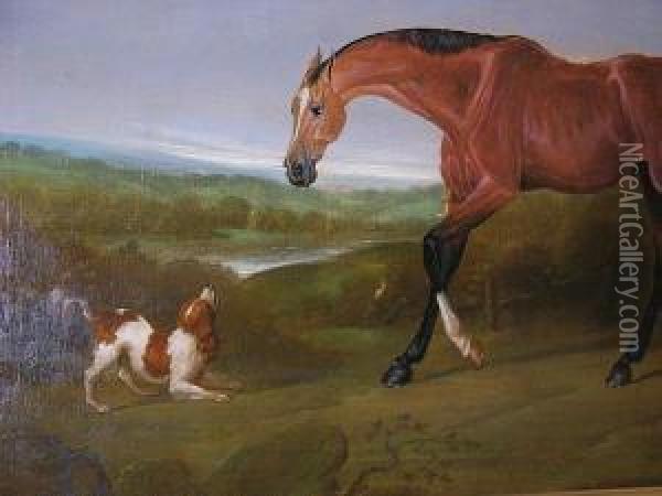 A Bay Horse And A Dog In A Landscape Oil Painting - Charles Towne