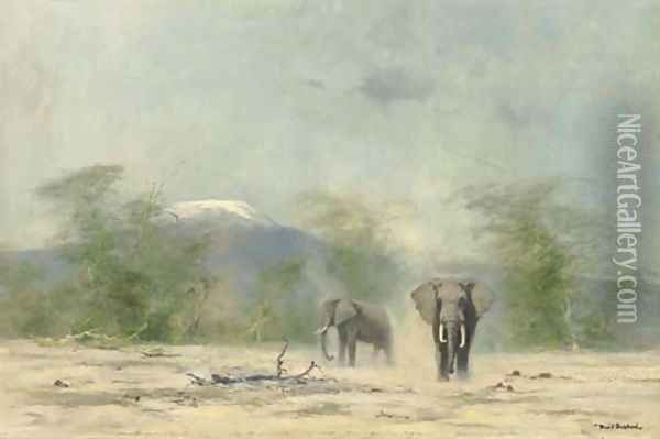 Elephants with Mount Kilimanjaro beyond Oil Painting - Thomas Hosmer Shepherd