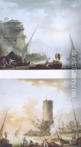 A Mediterranean Coast With Fisherfolk On The Shore, A Tower And Shipping Beyond Oil Painting - Charles Francois Lacroix