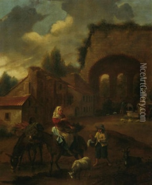 Italienische Landschaft Mit Ruinen, Im Vordergrund Eine Blumenverkauferin Auf Einem Esel Reitend Oil Painting - Karel Dujardin