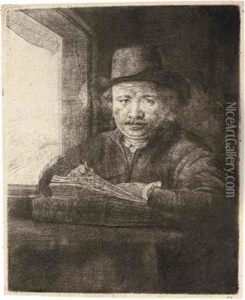 Self-portrait Drawing At A Window Oil Painting - Rembrandt Van Rijn