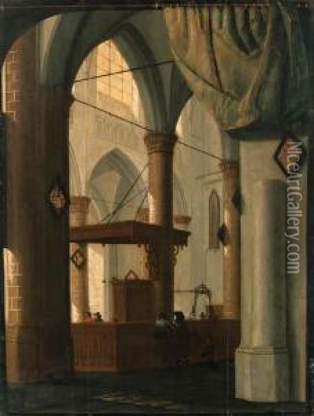 The Interior Of A Gothic Church 
With An Elegant Couple, A Trompe-l'oeil Curtain Above Set Against A 
Feigned Black Frame Oil Painting - Daniel de Blieck
