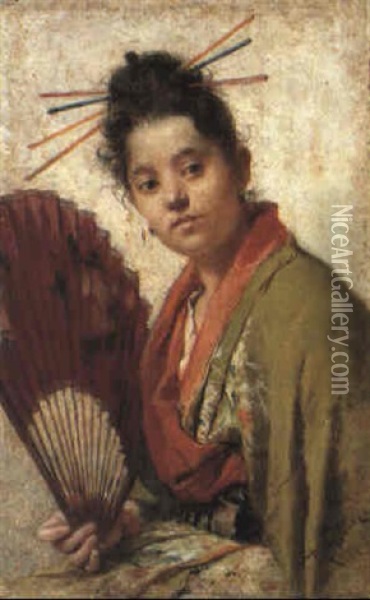Young Girl Holding A Fan Oil Painting - Roberto Fontana