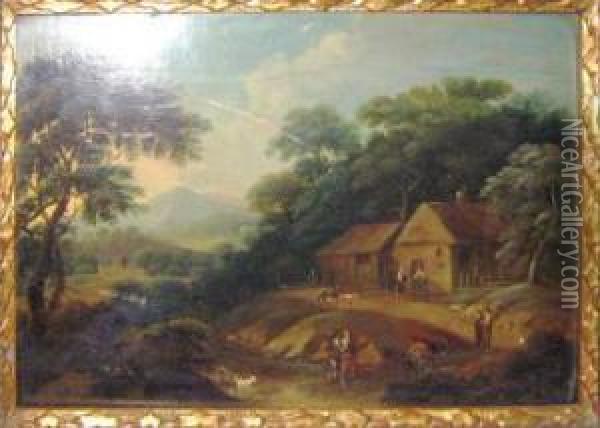 With Figures At A Farm' Oil Painting - Thomas Saut. Roberts