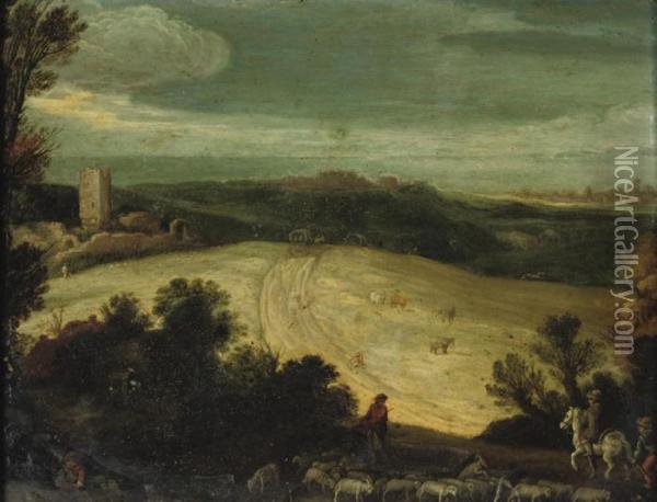 A Hilly Landscape With Travellers And A Herdsman On A Track Oil Painting - Marten Ryckaert