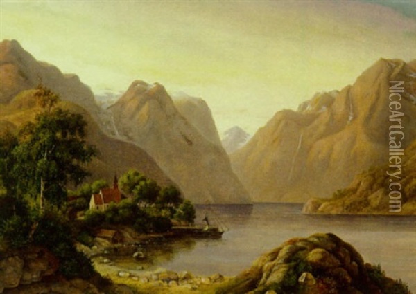Fjordparti Med Lille Kirke Mellem Hoje Fjelde Oil Painting - Ida Marie Margrethe Heerfordt