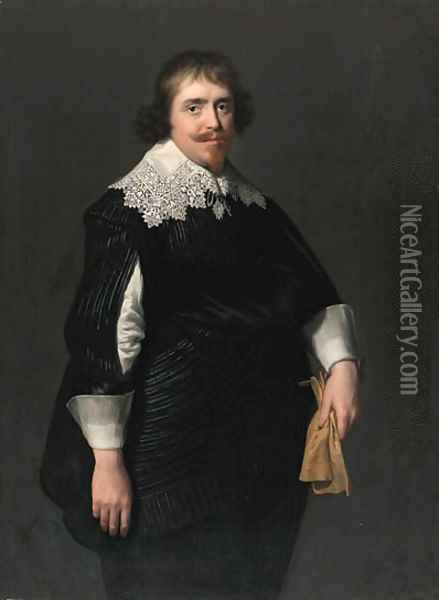 Portrait of a gentleman, three-quarter-length, in a black doublet with slashed sleeves, black hose and sash, his gloves in his left hand Oil Painting - Paulus Moreelse