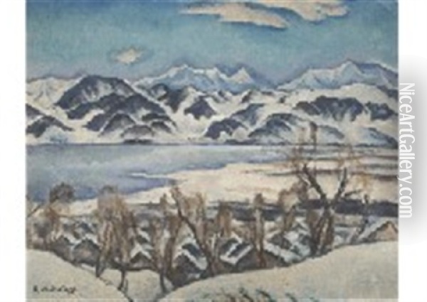 Suwa Lake Oil Painting - Kunishiro Mitsutani