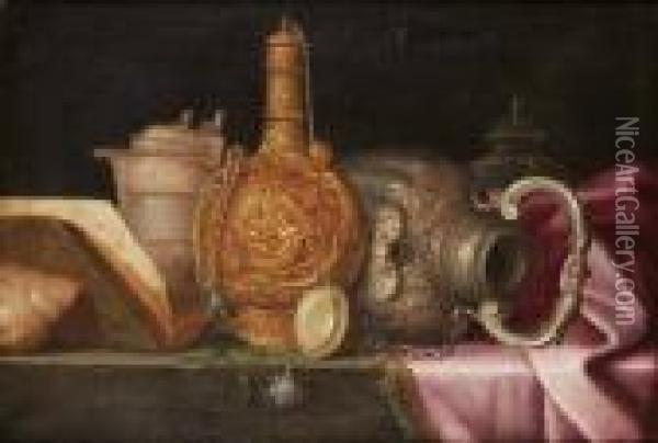 Stilleben Med Vinflaska Och Keramikkrus. Uppfodrad Duk 39 X 57 Cm Oil Painting - Pieter Gerritsz. van Roestraten