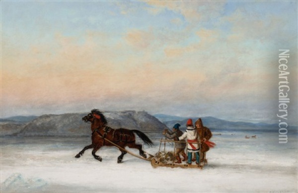 Three Habitants Sledding On The St. Lawrence At Quebec Oil Painting - Cornelius David Krieghoff