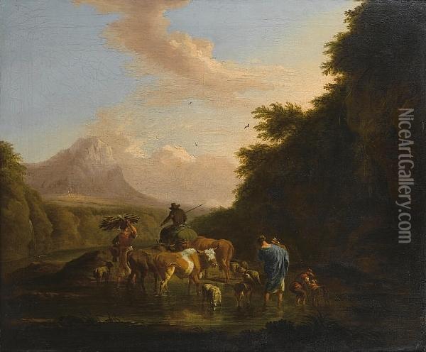 A Mountainous Landscape With A Drover And Hiscattle Fording A Stream Oil Painting - Nicolaes Berchem