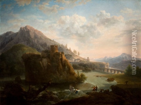 Mountainous Landscape With A Castle And Figures Along A River Oil Painting - Jacob Philipp Hackert