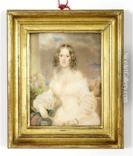 Portrait Eines Madchen In Weissem Kleid, In Den Handen Einen Facher Haltend Oil Painting - Alois Von Anreiter