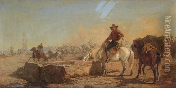 A 'butero' Watering His Horse In The Roman Campagna Oil Painting - George Hemming Mason