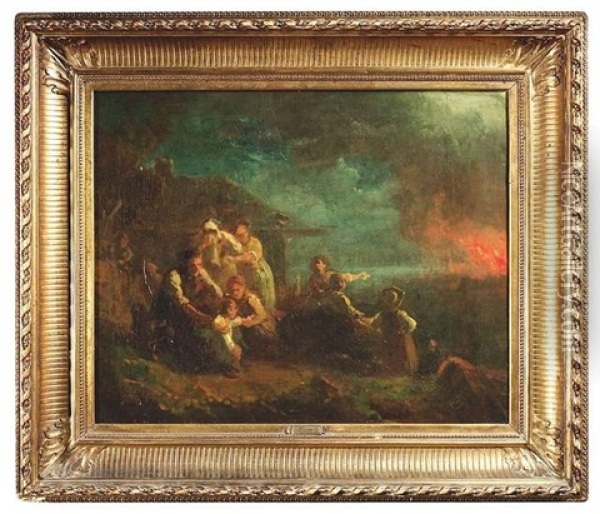 Eine Bauernfamilie Furchtet Sich Vor Einer Nachtlichen Feuersbrunst Oil Painting - Johann Baptist Kirner