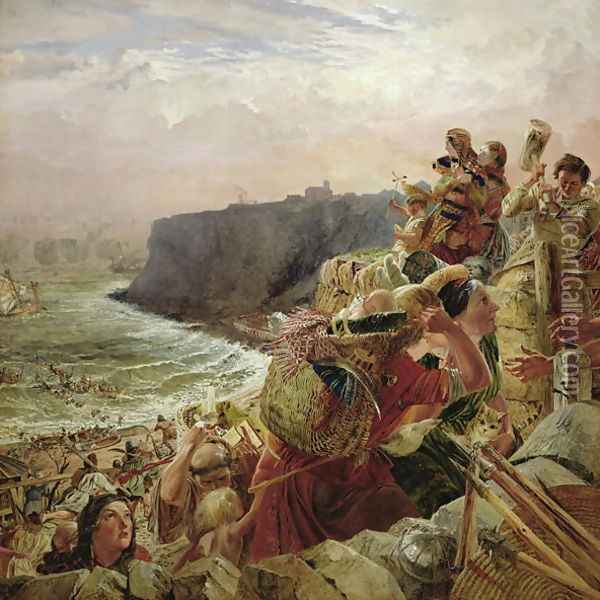 Landing of the Danish Vikings near Tynemouth, c.793 AD, c.1861 Oil Painting - William Bell Scott
