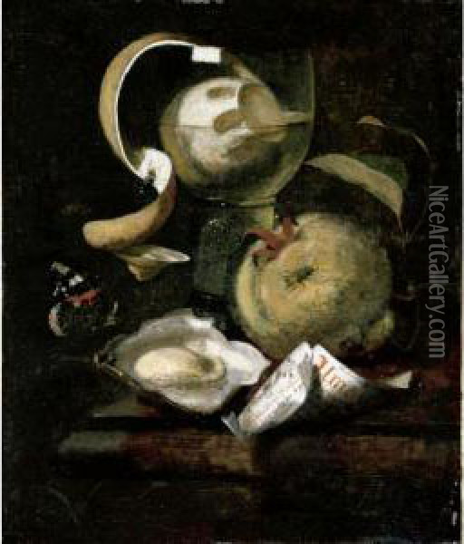 Still Life Of A Peeled Lemon In A
 Roemer, An Apple, Paper, Oyster And Butterfly On A Ledge Oil Painting - Marten Nellius