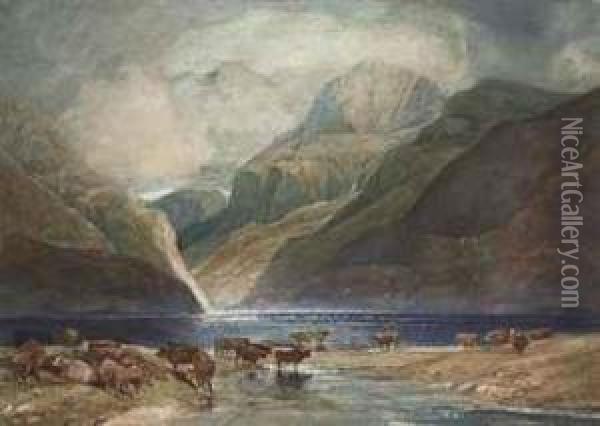 Cattle Watering By Llanberis Lake From Dolbadarn Castle, Withsnowdon Beyond, North Wales Oil Painting - John Sell Cotman