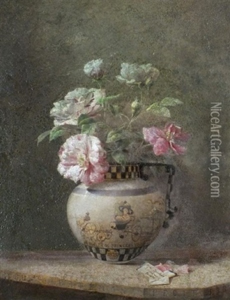 Still Life Of Centifolia Roses In A Staffordshire Neo Classical Jug Oil Painting - Robert Bateman