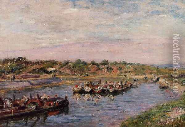 Idle Barges on the Loing Canal at Saint-Mammes Oil Painting - Alfred Sisley