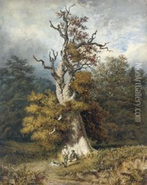 Figures Sheltering Beneath An Oak Tree In Windsor Great Park Oil Painting - Lewis Henry Shepheard