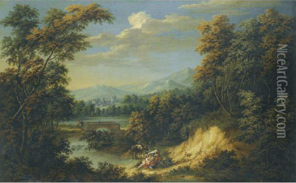 An Extensive Wooded River Landscape With Figures Resting In Theforeground, Travellers Approaching A Walled City Beyond Oil Painting - Philip Jean