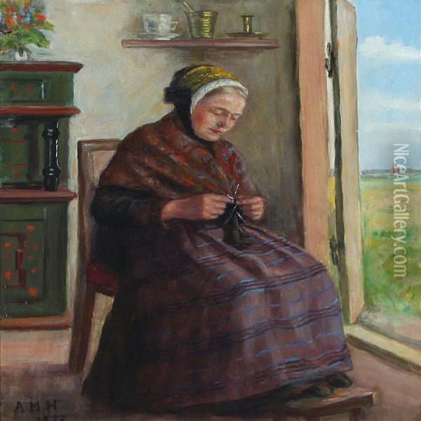 Interior With Knitting Woman Oil Painting - Anne Marie Hansen