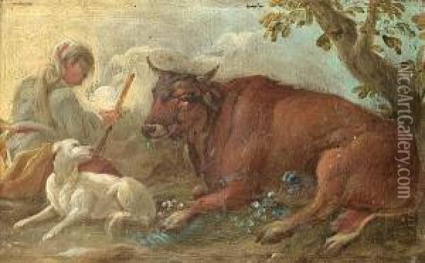 A Herder With His Dog And A Bull; And A Shepherdess With Her Cattle And A Dog Oil Painting - Johann Melchior Roos
