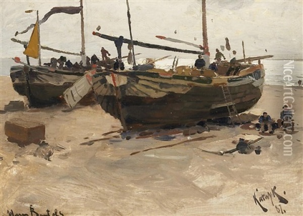 Aufliegende Boote Am Strand Von Katwijk Oil Painting - Hans Von Bartels