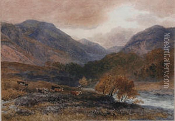 Cattle In A Highland River Landscape Oil Painting - John Steeple