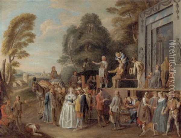 The Charlatans: An Outdoor Theater With A Quack Doctor And An Audience Of Gentry, Monks And Townsfolk Oil Painting - Pieter Angillis