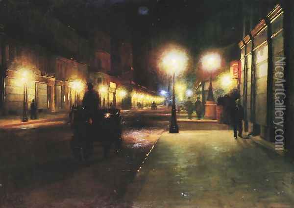 Parisian Street at Night Oil Painting - Ludwik de Laveaux