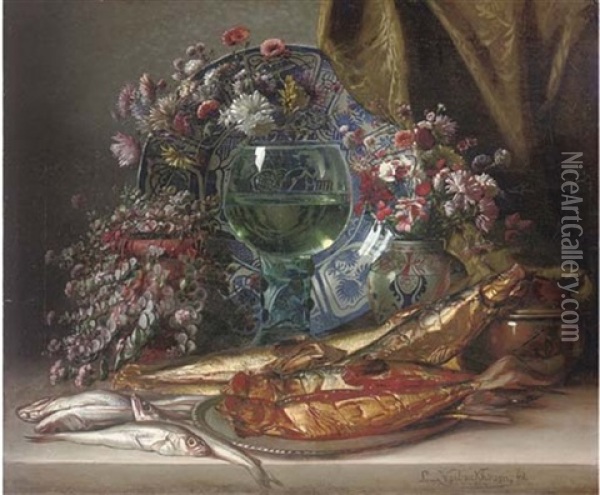 Fish On A Platter, Vases Of Summer Blooms, A Goblet Of Wine Before A Salver And A Drape Oil Painting - Louis Verboeckhoven the Younger