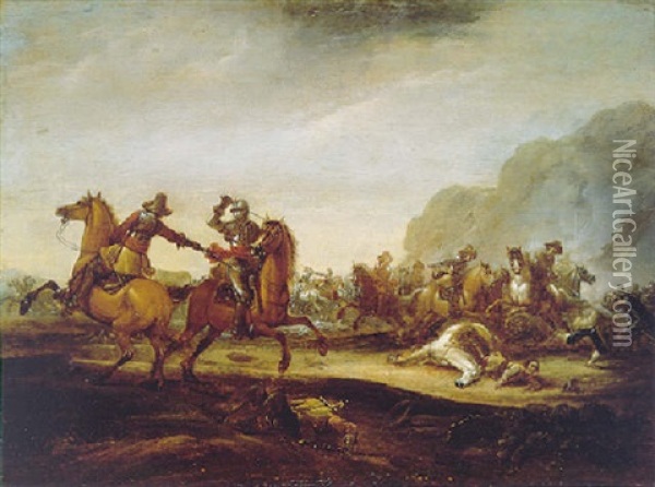 A Cavalry Skirmish In An Italianate Landscape Beside A Rocky Outcrop Oil Painting - Abraham van der Hoef