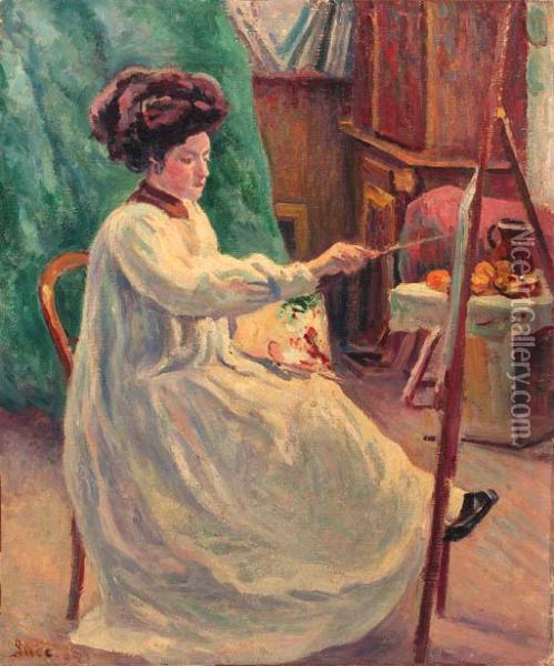 Jeune Femme A Son Chevalet Oil Painting - Maximilien Luce