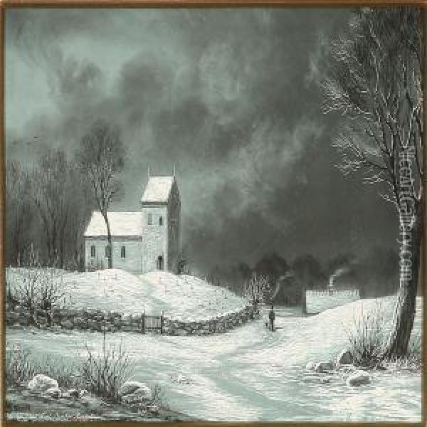 Winter Landscape With A Village Church Oil Painting - Christian Martin Tegner