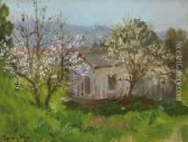 Two Blossoming Trees With An Old Shack Oil Painting - Theodore Wores