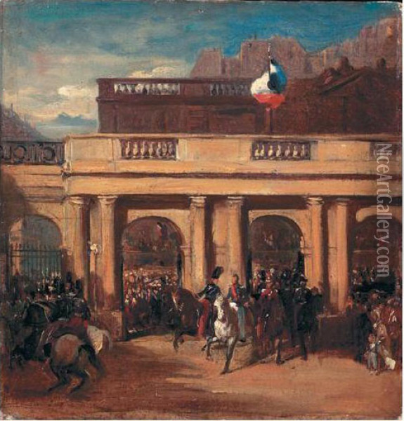 Le Duc D'orleans, Lieutenant General Du Royaume, Et Son Fils Le Duc De Chartres, Rentrant Au Palais Royal Le 4 Aout 1830 Oil Painting - Victor Amedee Faure