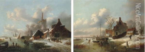 Figures Skating By A Windmill (+ Skaters By A Farmstead On A Dutch Waterway; Pair) Oil Painting - Alexis de Leeuw