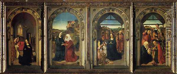 Polyptych Showing The Annunciation The Visitation The Adoration Of The Angels And The Adoration Of The Kings Oil Painting - Dieric the Elder Bouts