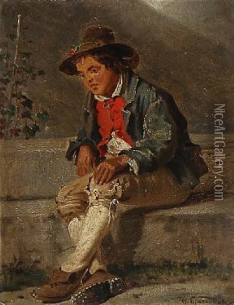 An Italian Boy Sitting On The Doorstep Oil Painting - Fedor Andreevich Bronnikoff