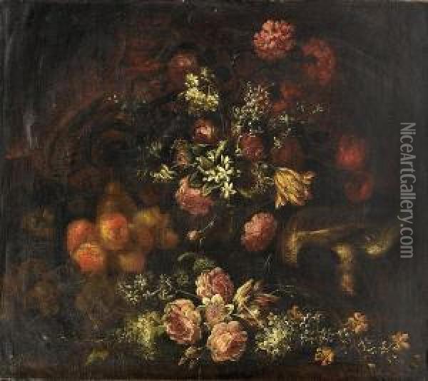 Peaches And Pears With Roses, Jasmine, Carnations And Other Flowers On A Ledge Beside A Dove Oil Painting - Giuseppe Vincenzino