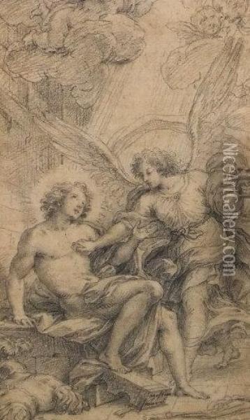 Male Figure With An Angel And Celestial Putti Oil Painting - Agostino Masucco Masucci
