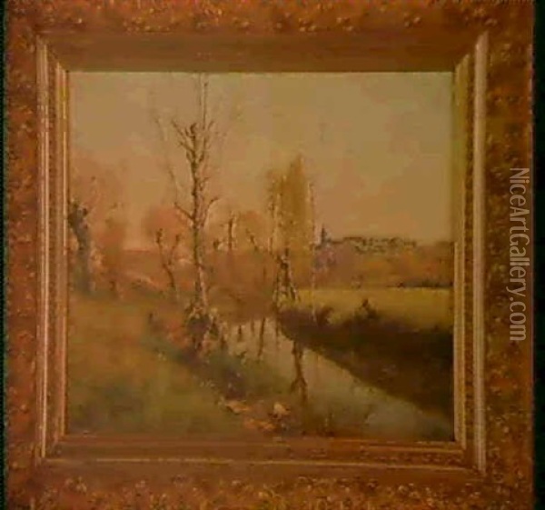 Bord De Riviere Avec Village Oil Painting - Theodore Lespinasse
